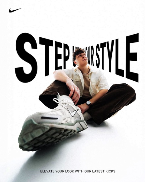 A minimalist, high-contrast lifestyle ad featuring a model sitting on a white background with a prominent running shoe in the foreground.