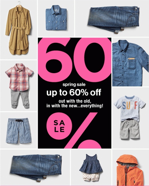 A 4:5 collage layout showcasing various children's apparel items surrounding a high-contrast central offer block announcing a 60% off spring sale.