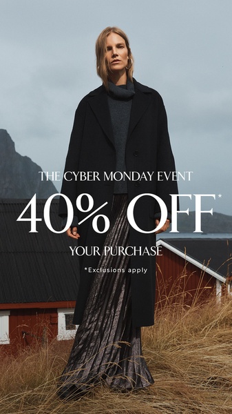 A high-end portrait of a model in a dark coat, featuring a clear text overlay for a 40% off Cyber Monday promotional event.