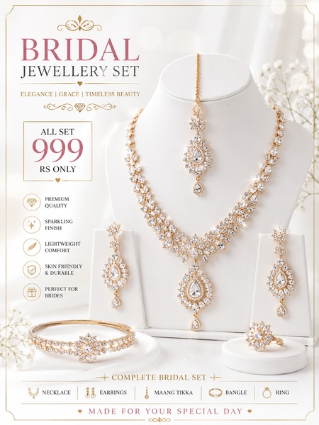 A high-conversion 3:4 ad creative showcasing a complete bridal jewellery set on a bust display with clear value propositions and pricing.