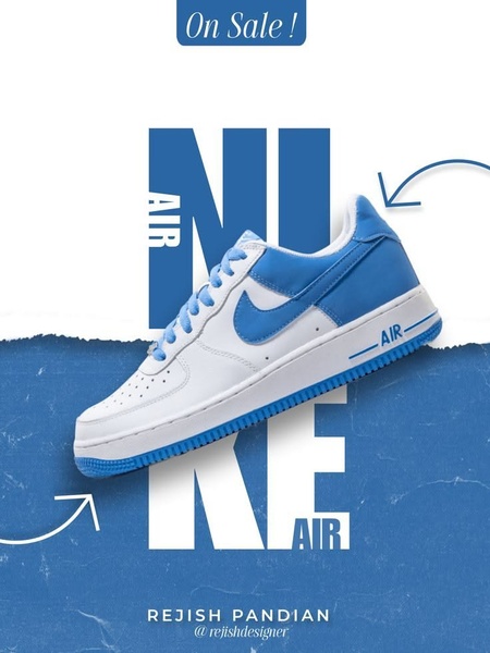 A clean, eye-catching ad featuring a Nike running shoe centered against bold blue and white typography, using a clear sale-driven aesthetic.
