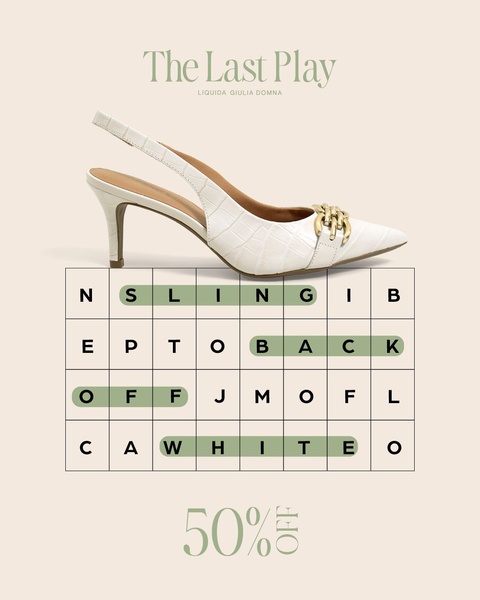 A minimalist, high-end 4:5 vertical ad featuring a cream-colored slingback pump set against a subtle, grid-based puzzle graphic that highlights sale keywords.