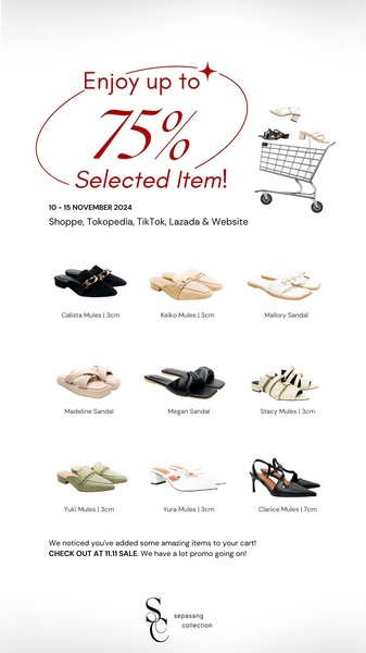 A clean, grid-style catalog ad displaying multiple women sandal styles with a clear 75% off sale incentive and specific promotion dates.