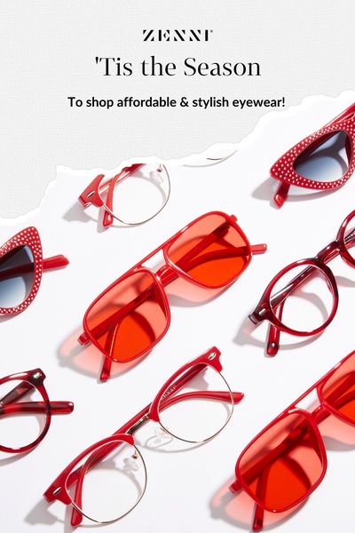 A flat-lay photography style showing a collection of red-themed sunglasses and glasses on a clean white background with a seasonal call-to-action.