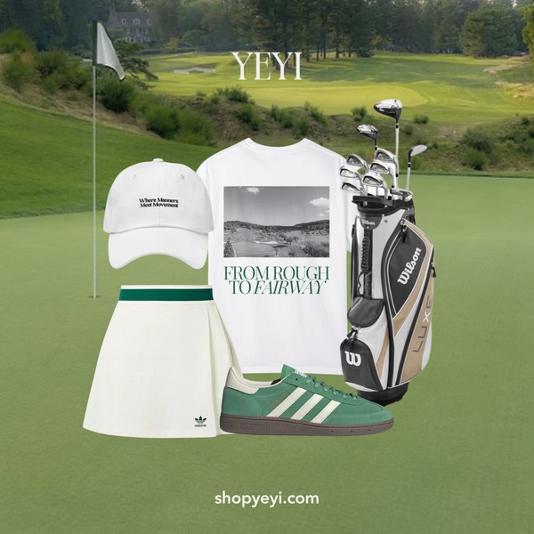 A flat-lay product presentation featuring a white branded t-shirt, cap, skirt, and golf bag against a golf course background.