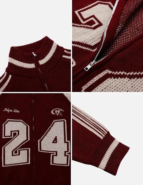 A collection of high-resolution close-up shots of a burgundy and cream-colored varsity jacket, showcasing zipper, fabric texture, and collegiate-style numbering.