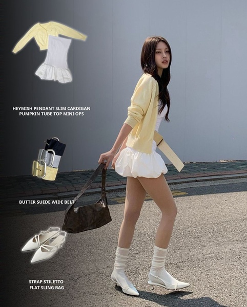 A split-screen style product showcase highlighting a complete outfit ensemble including a cardigan, tube top mini dress, wide belt, and stiletto sling bags.