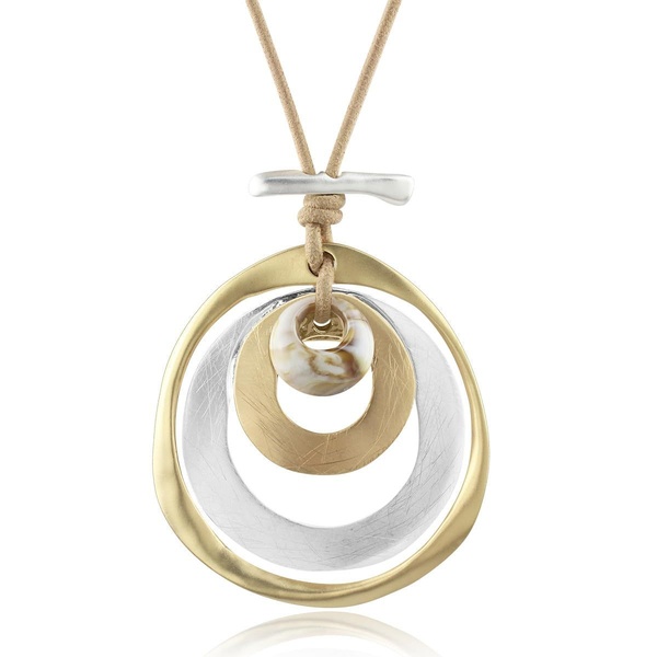 A high-clarity, isolated hero shot of a multi-textured metallic necklace on a leather cord, focusing on material and design.
