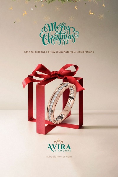 A festive product-centered visual featuring a diamond ring inside a red gift box, perfect for holiday-themed jewelry marketing.