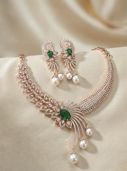 A high-end jewelry set featuring a gold necklace with leaf motifs, green gemstones, and dangling pearls, presented on a soft, draped satin background.