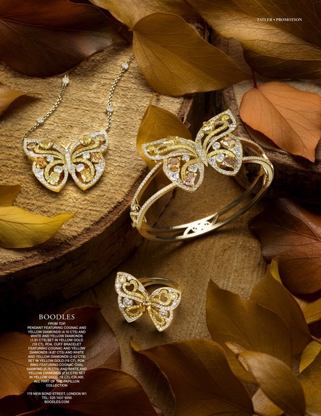 A high-end product photography shot featuring a butterfly-themed jewelry set arranged on natural wooden surfaces amidst scattered autumn leaves.
