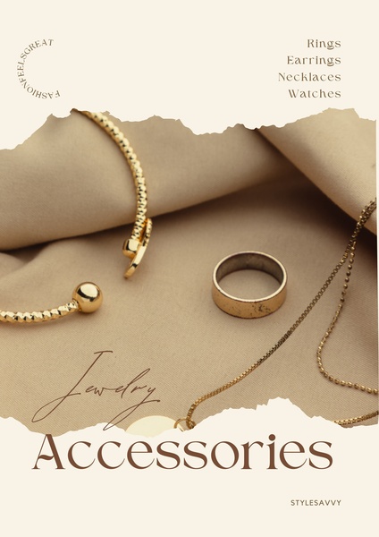 A sophisticated, warm-toned composition displaying a collection of jewelry pieces including rings, necklaces, and bangles against a draped fabric background.