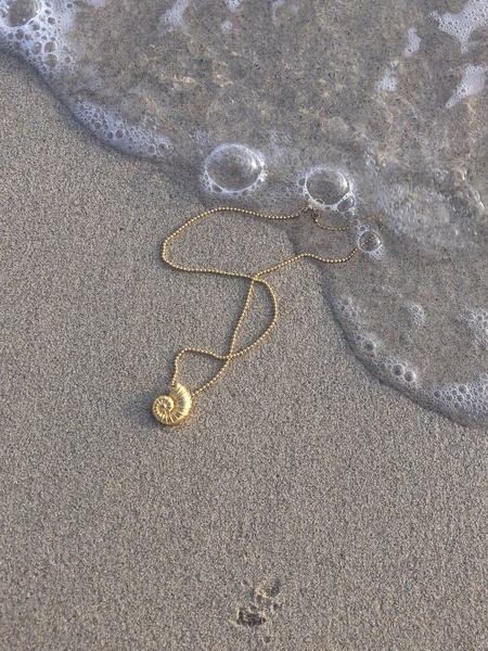 A refined, lifestyle-oriented hero shot of a delicate gold shell necklace resting on wet sand at the water's edge.