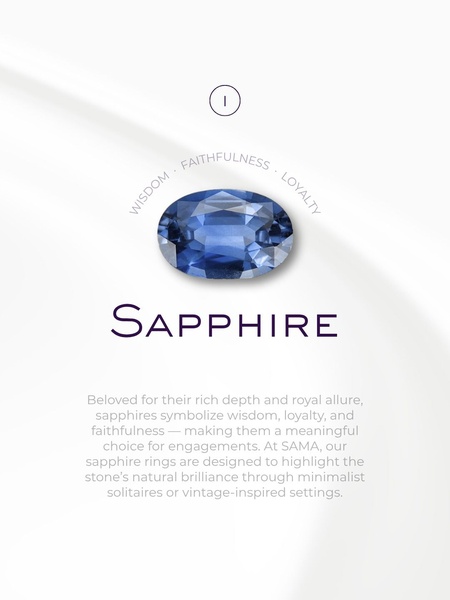 This creative features a high-quality sapphire centered on a minimalist white backdrop with elegant serif typography explaining its symbolic meaning.