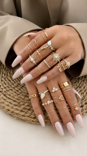 A close-up aesthetic shot of hands wearing a curated collection of delicate gold rings with varying textures and stones.