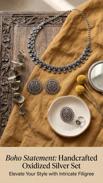 A high-end still life photograph of an oxidized silver jewelry set arranged on a textured gold linen cloth, featuring delicate filigree patterns.