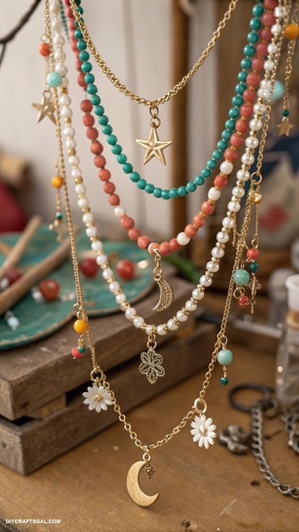 A vertically oriented, close-up lifestyle shot of layered beaded necklaces featuring star, moon, and floral charms hanging in a rustic setting.