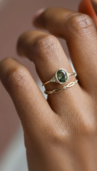 A close-up photograph of a finger wearing a stack of two delicate gold rings, featuring a dark green oval gemstone set in a simple gold band.