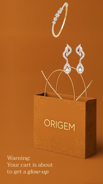 A clean, warm-toned composition featuring jewelry items floating above a branded shopping bag.