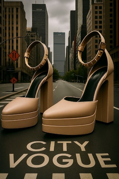 A high-fashion product hero shot showcasing platform heels placed prominently on a city street with skyscraper backgrounds.