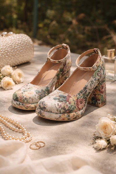 A high-end lifestyle photograph featuring floral-patterned block heels set against a soft, neutral outdoor background with wedding-themed accessories.