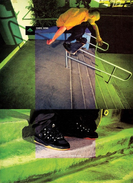 A high-intensity action shot of a professional skater performing a trick, centered with the product isolated below to highlight the footwear.