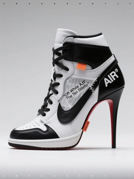 A high-concept product hero image featuring a sneaker-stiletto hybrid, utilizing a clean, minimalist studio background.