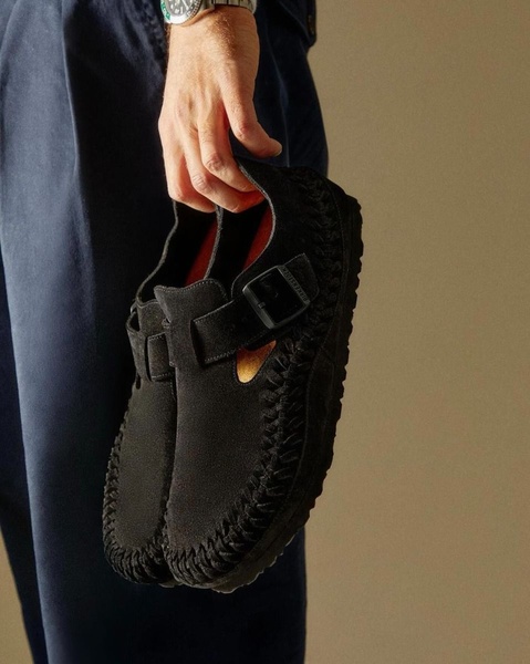 A close-up, high-quality photograph of a person holding a black suede clog by the strap against a neutral background.