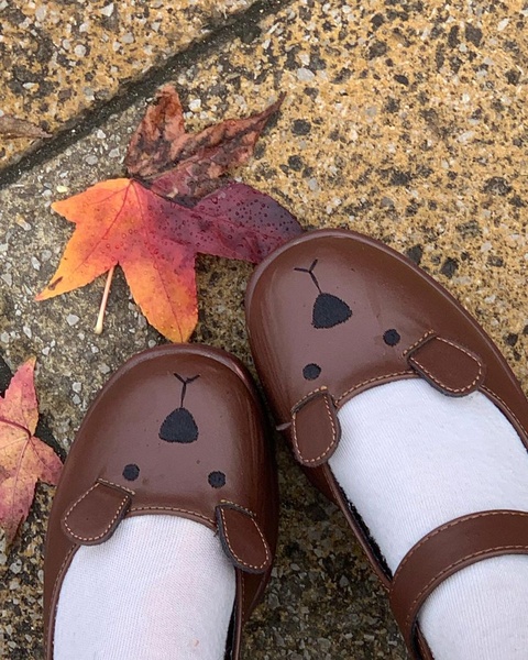 A top-down point-of-view shot featuring brown bear-themed Mary Jane shoes against a backdrop of autumn leaves on a stone path.