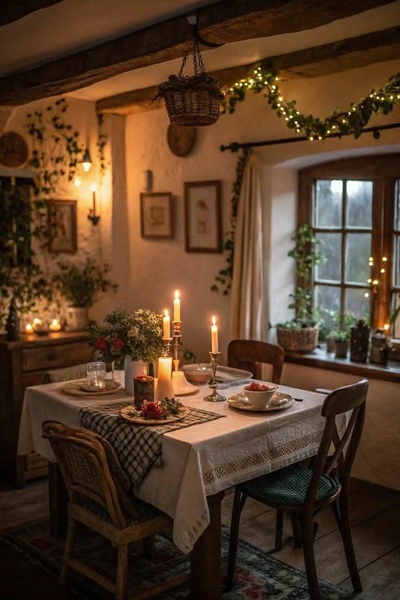A high-quality lifestyle shot featuring a dining table set for a cozy evening, emphasizing warm lighting, greenery, and an inviting home atmosphere.