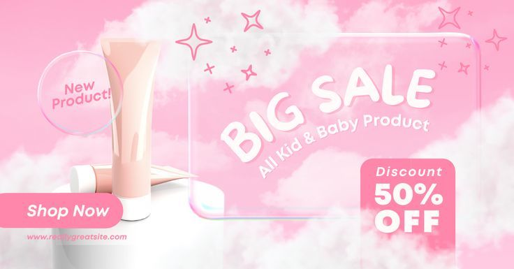 A soft-focus, dreamy pink aesthetic featuring a cosmetic tube on a pedestal, accented by floating stars and a glass-morphism sale overlay.
