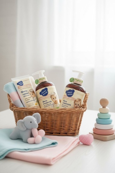 A high-quality product shot featuring three baby skincare bottles in a wicker basket, surrounded by soft toys and baby blankets in a bright, clean room.