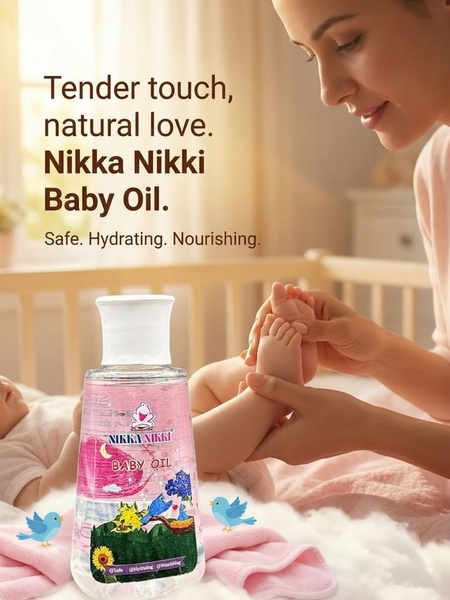A soft, warm-lit image featuring a mother tenderly holding a baby's feet alongside the product bottle, conveying safety and natural nourishment.