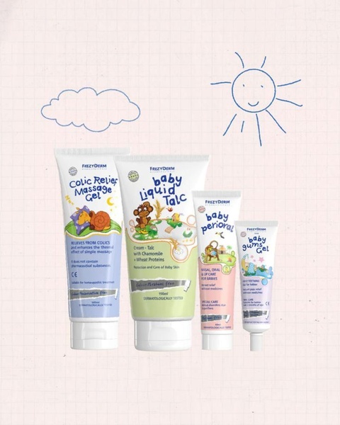 A flat-lay style product hero shot featuring four baby skincare tubes against a clean, hand-drawn grid background to emphasize brand safety and care.