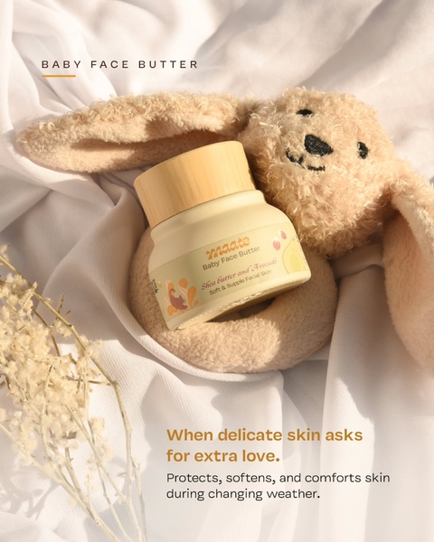A close-up aesthetic shot of a face butter jar resting on a soft toy, emphasizing a gentle and comforting product experience.