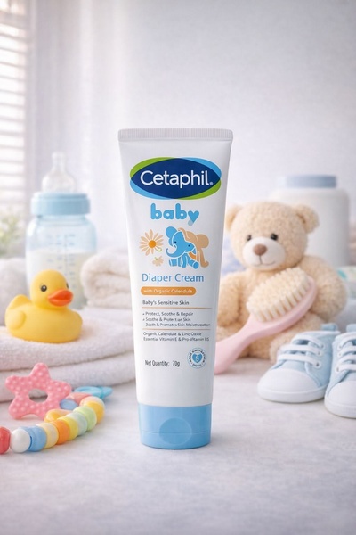 A soft-focus, high-aesthetic studio shot featuring diaper cream surrounded by baby essentials to evoke trust and care.