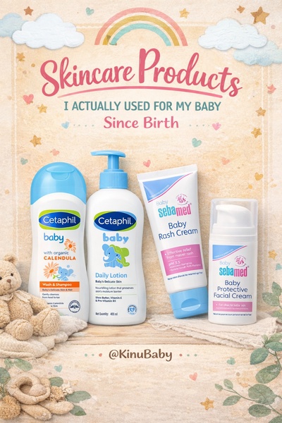 A soft, pastel-colored flat lay featuring various baby skincare lotions and creams, presented as a personal testimonial from a parent.