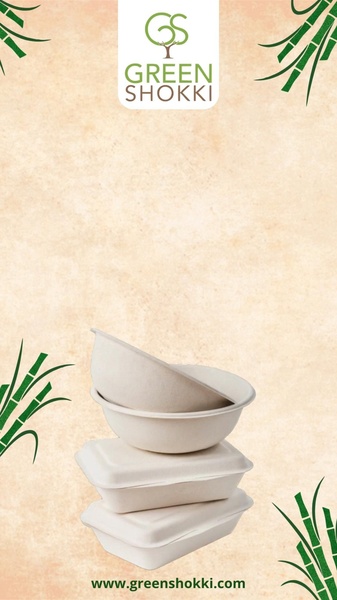 A vertical ad layout featuring stacked sugarcane-based bowls and containers against a textured natural background to highlight eco-conscious branding.