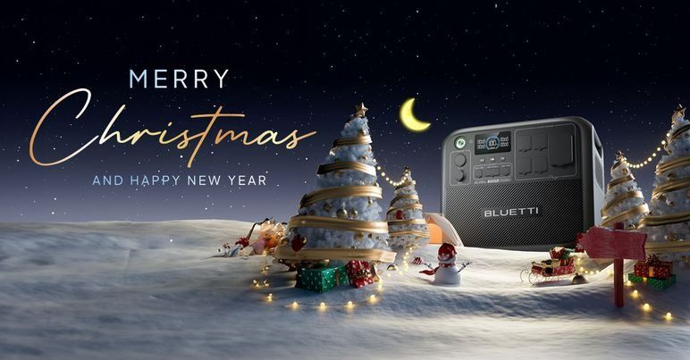 A high-quality 3D rendered winter scene featuring a portable power station surrounded by holiday decorations, snow, and gift boxes.