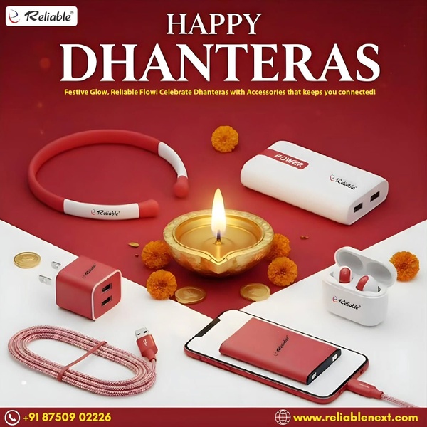 A top-down product photography shot showcasing mobile accessories like power banks, chargers, and earphones arranged around a central lit diya.