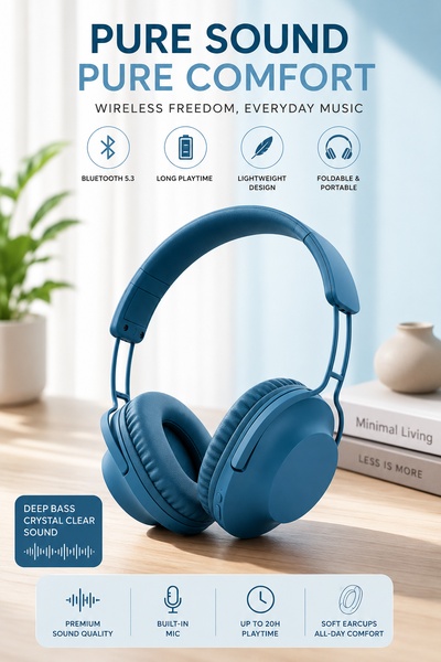 A clean, feature-focused advertisement showcasing wireless headphones with icons representing technical specifications against a soft, bright background.