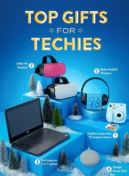 This creative showcases multiple electronics organized on a festive, tiered display platform to highlight a variety of giftable items.