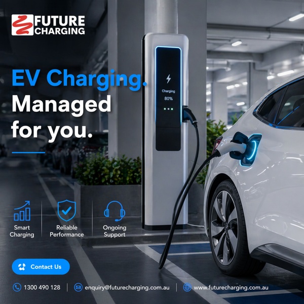 This creative showcases a professional, service-oriented approach to EV infrastructure, highlighting key benefits through icons and clear branding.