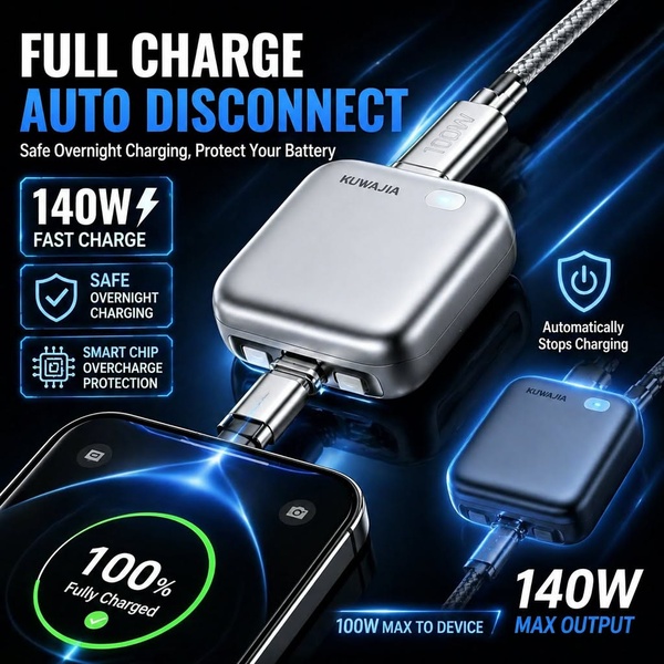A feature-focused ad creative for a fast charger showcasing auto-disconnect technology, wattage outputs, and safety protections.