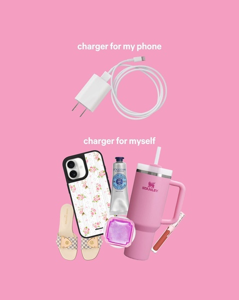 A split-view advertisement comparing a functional phone charger against a collection of lifestyle and wellness items, including a Stanley tumbler.