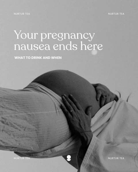 A minimalist, black and white lifestyle image featuring a pregnant woman, positioning a tea product as a direct solution for nausea.