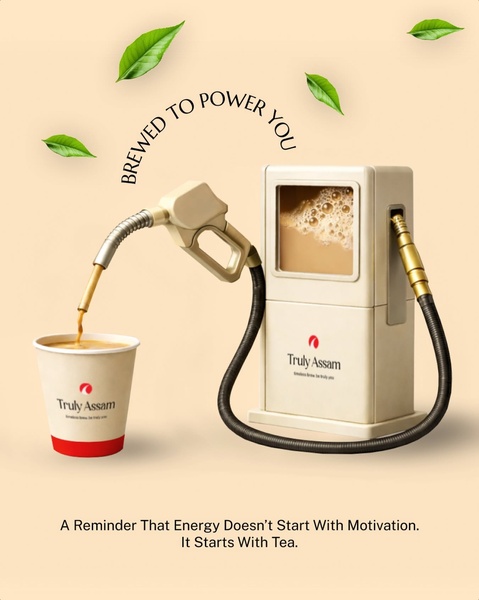 A creative visual showing a gas pump pouring hot tea into a cup to illustrate energy, accompanied by the headline 'Brewed to Power You'.