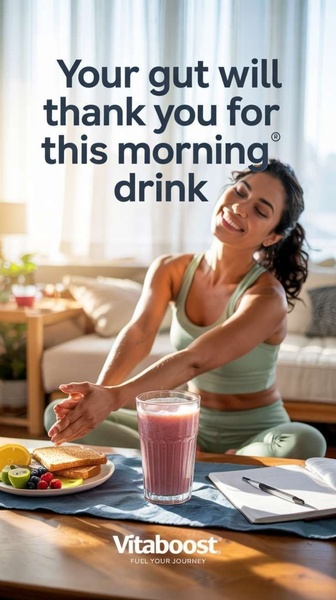 A woman smiles with satisfaction while holding a health drink in a bright, sunlit morning setting, emphasizing digestive wellness.