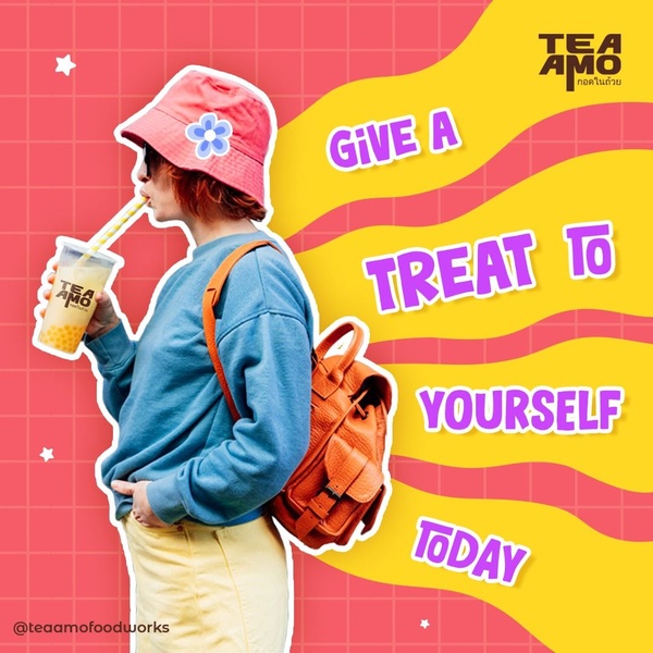 A vibrant 1:1 square graphic featuring a person holding bubble tea with bold text, colorful backgrounds, and a youthful, playful aesthetic.