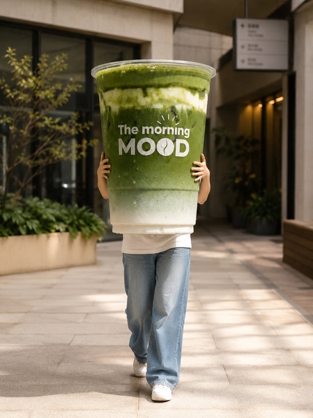 A surreal creative featuring a person carrying a giant, life-sized cup of matcha latte, emphasizing the brand's morning ritual.
